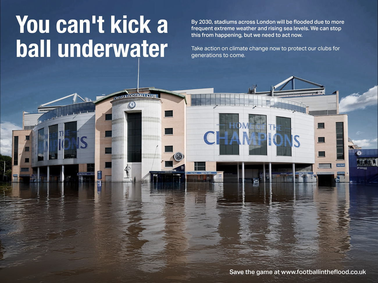 AI generated image of Chelsea FC's Stamford Bridge football ground/stadium flooded