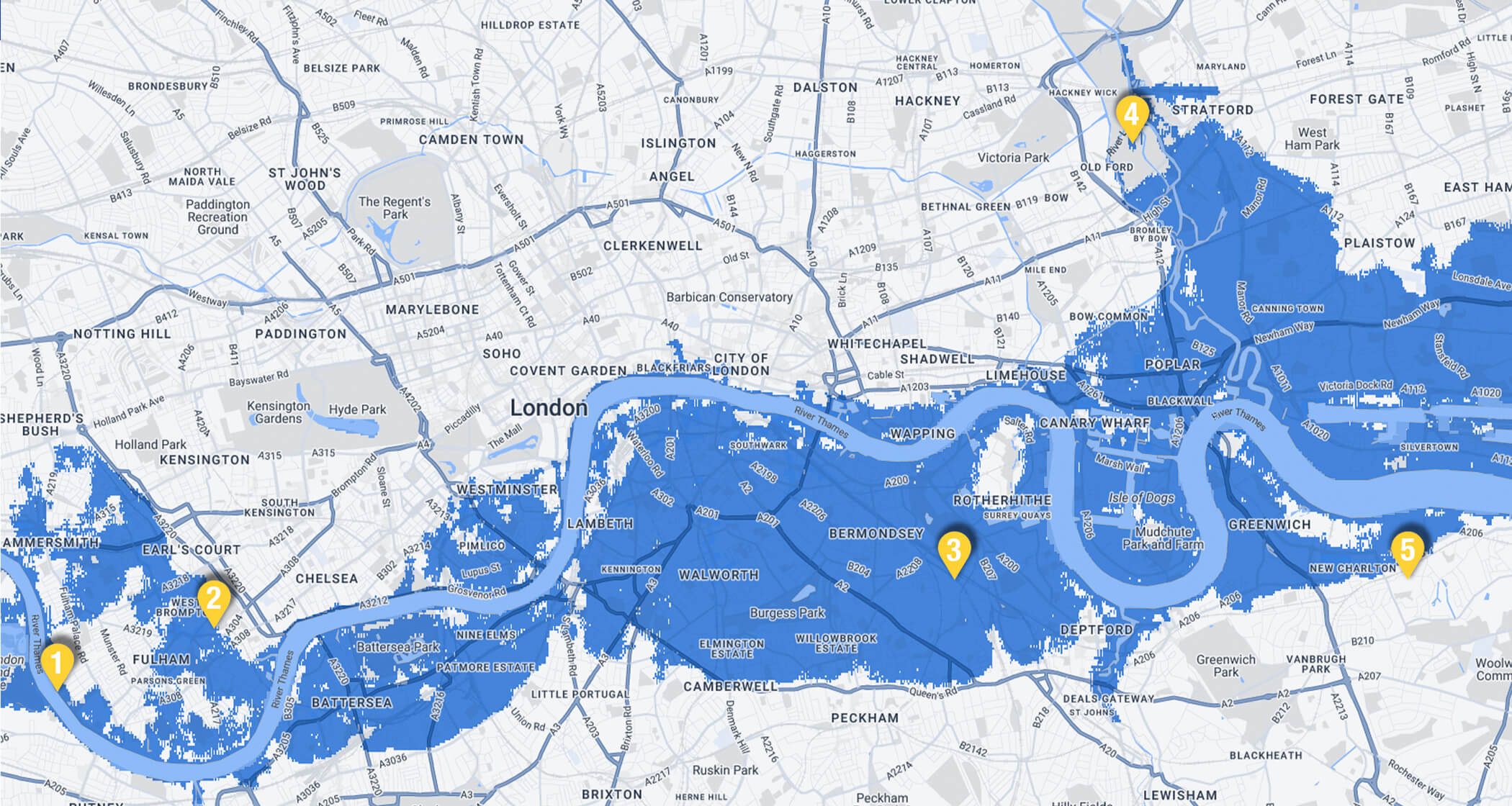 A map showing the locations of London Football stadiums that would be impacted by higher sea levels and flooding based on data from Climate Central